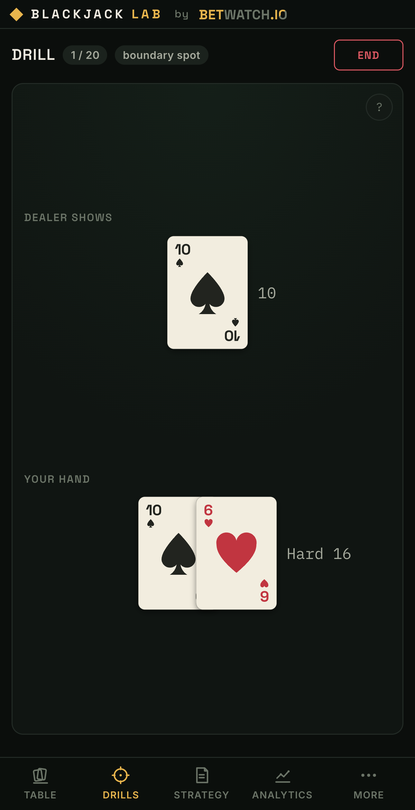 A scenario drill showing a boundary hand and the actions available