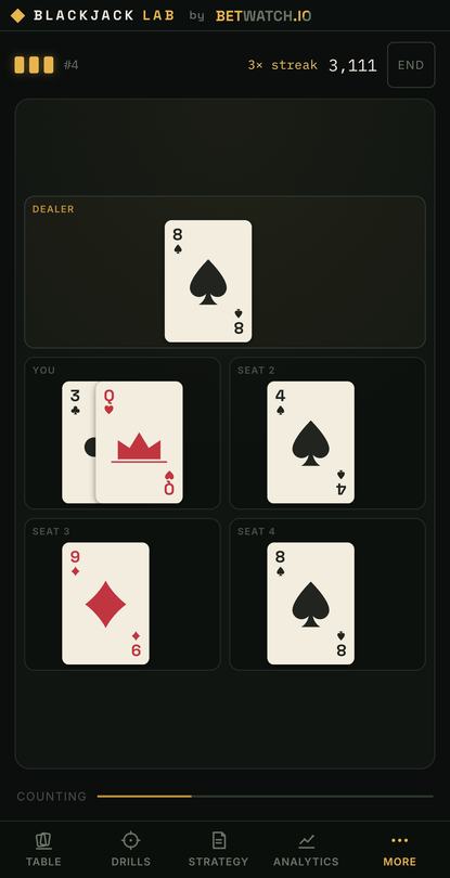 The counting game mid deal, a full table of cards with a live streak and score
